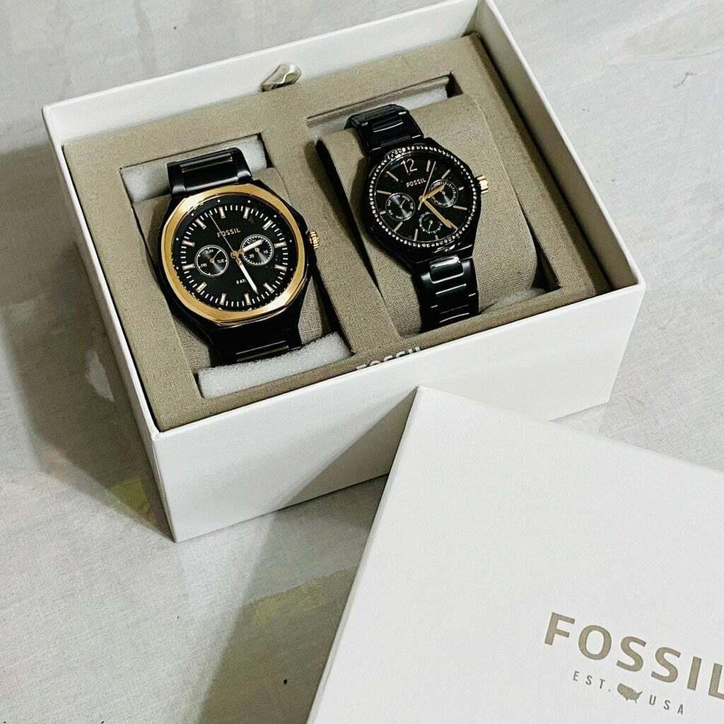 Fossil BQ2645SET Black Rose Day Date Stainless Steel 5ATM Couples Watch Set