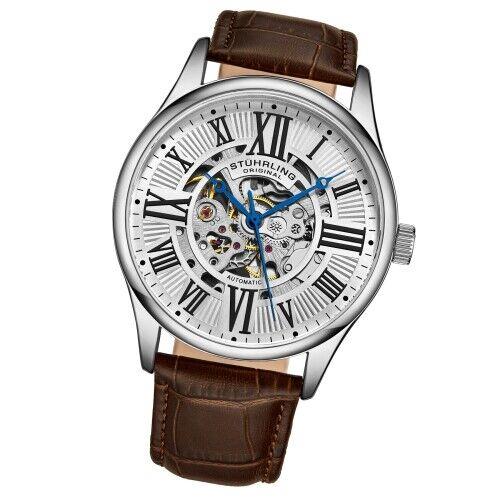 Stuhrling 3942 1 Automatic Skeleton Brown Leather Strap Mens Watch