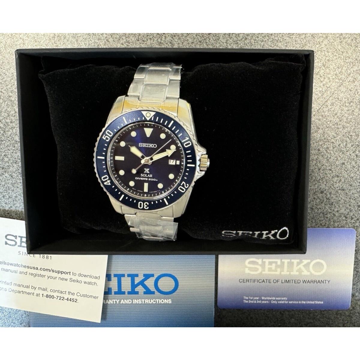 Seiko Men`s Prospex Solar Blue Steel Bracelet Divers Watch SNE585 38.5mm Size - Dial: Blue, Band: Silver, Bezel: Blue