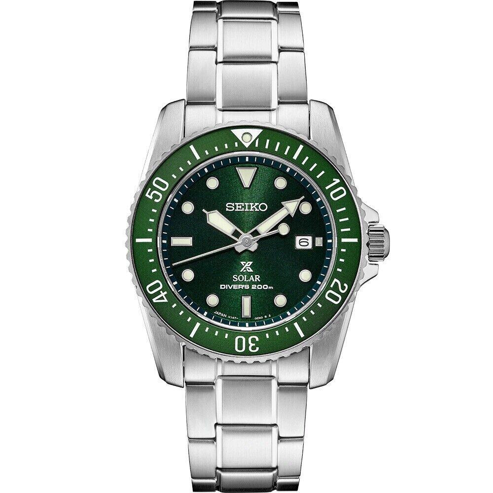 Seiko Prospex Green Men`s Watch - SNE583 Green Dial Solar Mid Size - Dial: Green, Band: Silver, Bezel: Green