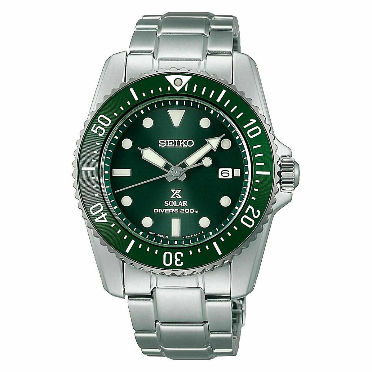 Seiko Men`s Prospex Solar Green Dial Stainless Steel Watch SNE583 - Dial: Green