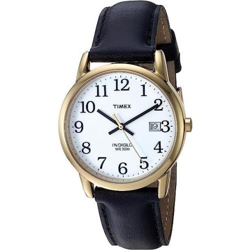 Timex T2H291 Men`s Easy Reader Black Leather Strap Watch - Dial: White, Band: Black, Bezel: Gold