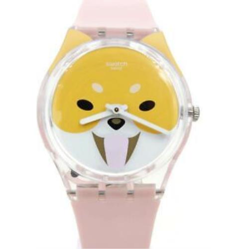 Swatch Swiss Originals Akita Inu Pink Silicone Watch 34mm GE279 - Black Face, Multicolor Dial, Pink Band