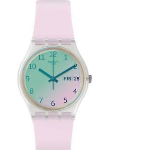 Swiss Swatch Women Ultrarose Silicone Pale Pink Date Watch 34mm GE714