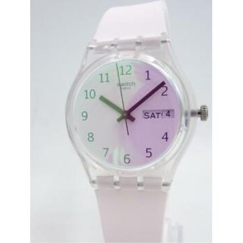 Swatch watch Originals - White with pink solar spectrum glass Dial, white/ pale pink Band, Clear Bezel 1