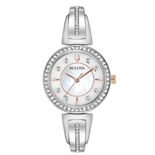 Bulova Women`s 98X121 Crystal Gift Set 29.8mm Quartz Watch - Dial: White, Band: Silver Tone, Other Dial: