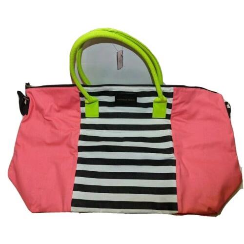 Victorias Secret Weekend Duffel Beach Travel Tote Lingerie Bag Striped Pink Neon