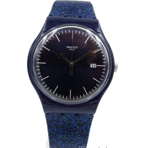 Swiss Swatch Glitterspace Blue Silicone Date Watch 41mm SUON401