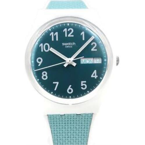 Swiss Swatch Pool Light Turquoise Silicone Day Date Watch 34mm GW714
