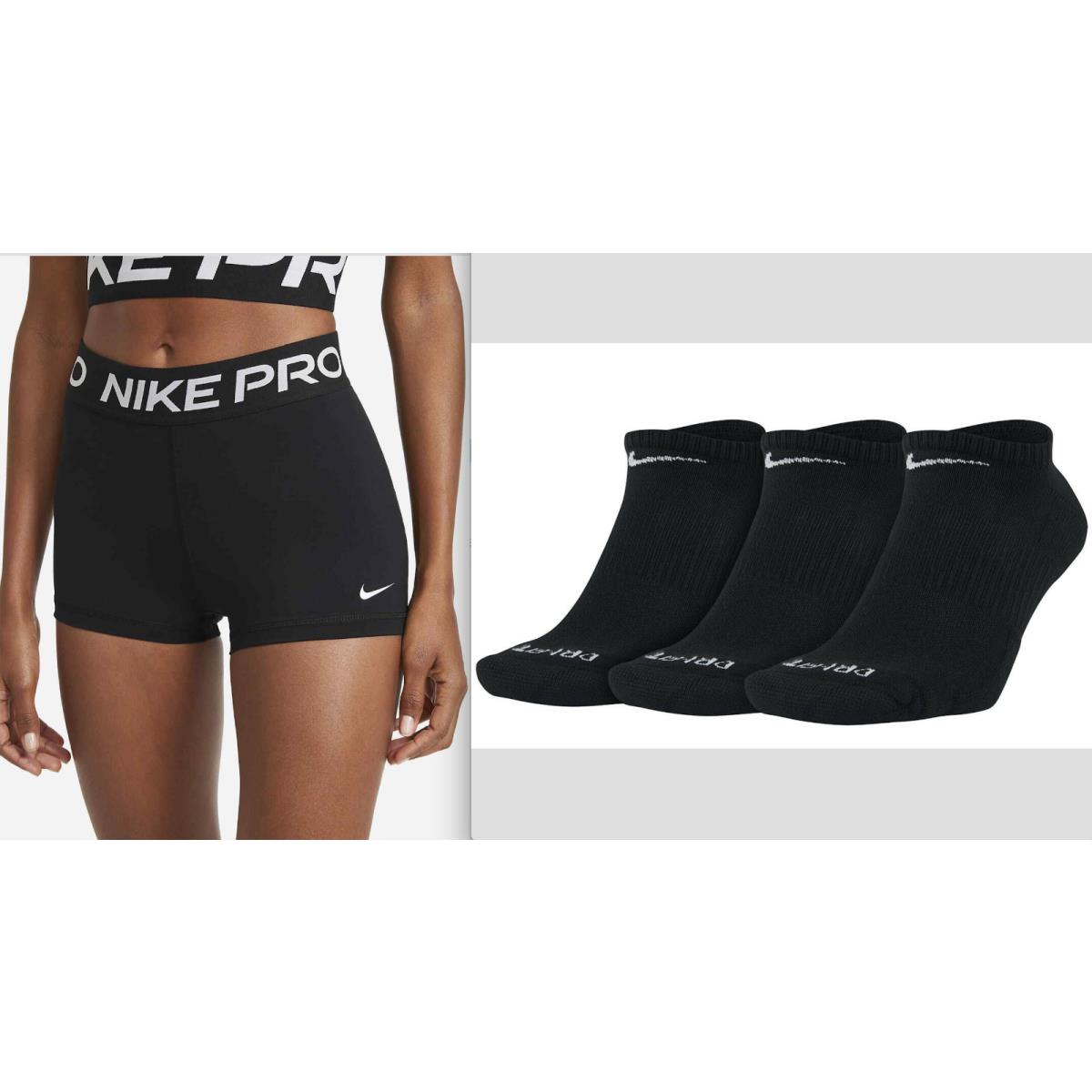Nike Pro Women`s Shorts 3 Black White Size Med + 3 Pair OF Nike Socks NO Show