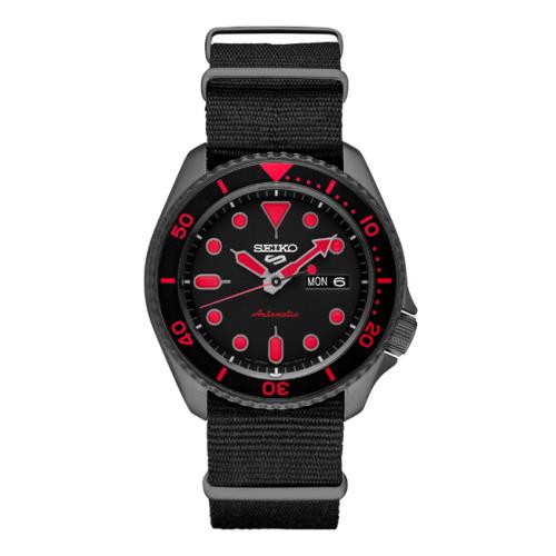 Seiko 5 Sports SRPD83 Black Pvd Black Red Accent Nylon Automatic Men`s Watch