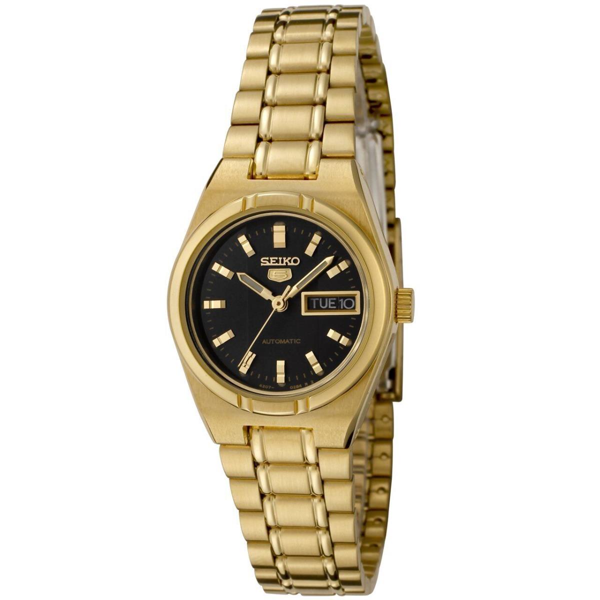 Seiko Women`s SYM602 5 Automatic Black Dial Gold-tone Stainless Steel Watch