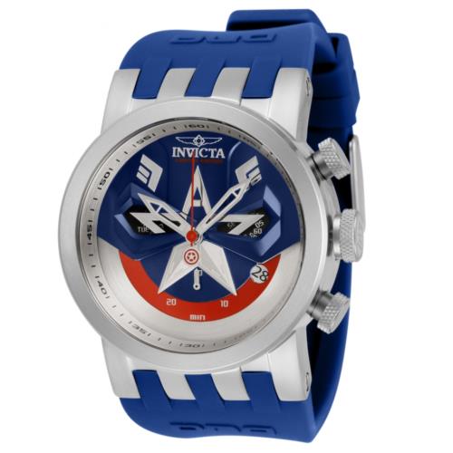 Invicta Marvel Captain America Men`s 46mm Limited Ed Swiss Chrono Watch 34683 - Dial: Blue, Gray, Multicolor, Silver, White, Band: Blue, Bezel: Silver
