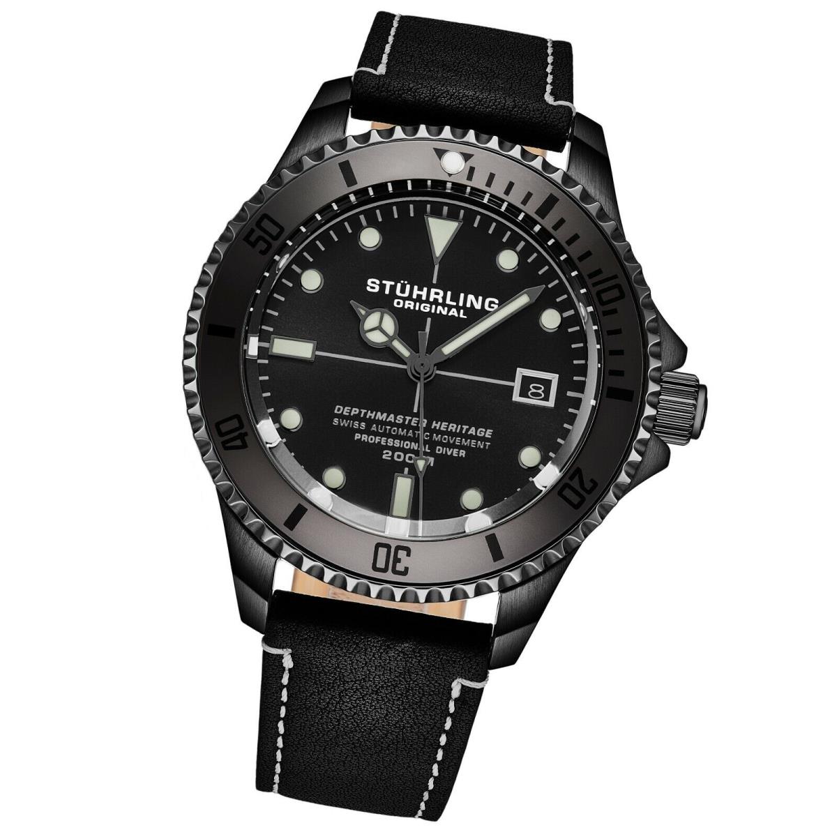 Stuhrling Automatic Wind Depthmaster Heritage Men`s Watch 20ATM Leather - Dial: Black, Gray, Band: Black