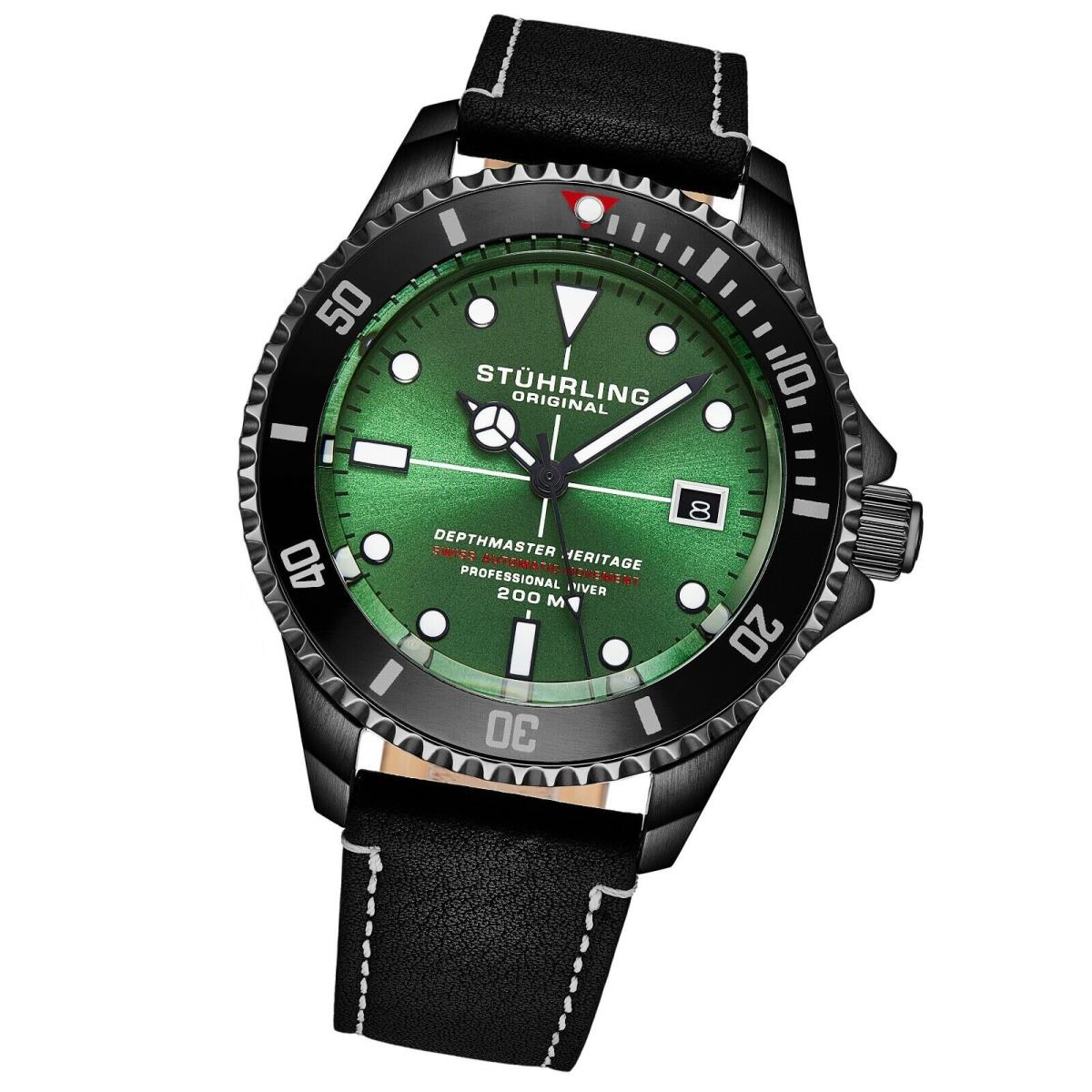 Stuhrling Automatic Wind Depthmaster Heritage Men`s Watch 20ATM Leather - Dial: Green, Band: Black
