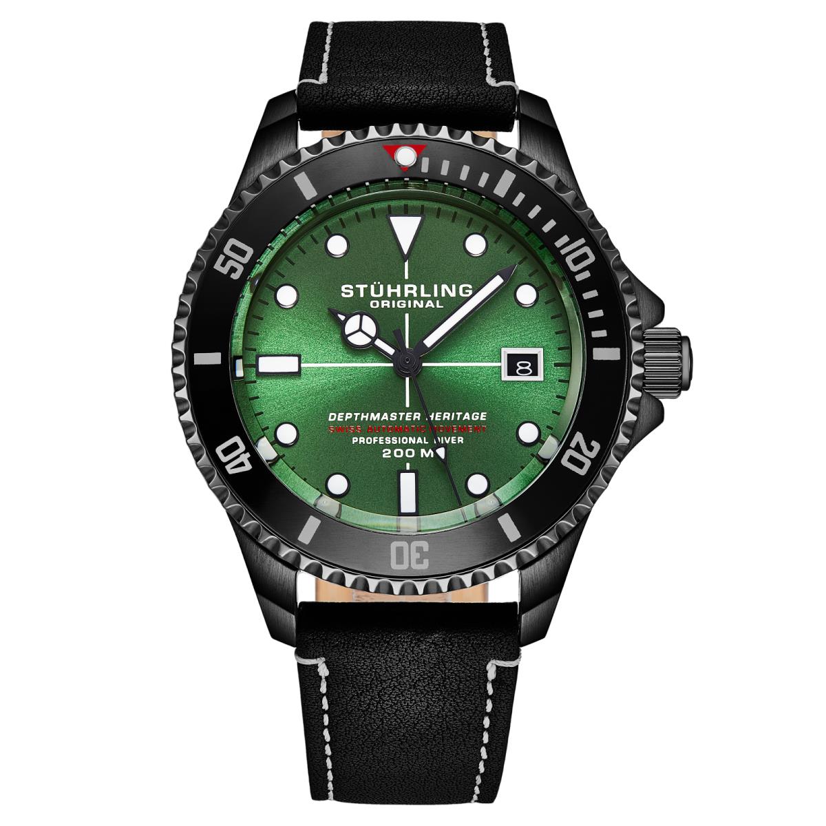 Stuhrling Automatic Wind Depthmaster Heritage Men`s Watch 20ATM Leather - Dial: Green, Band: Black