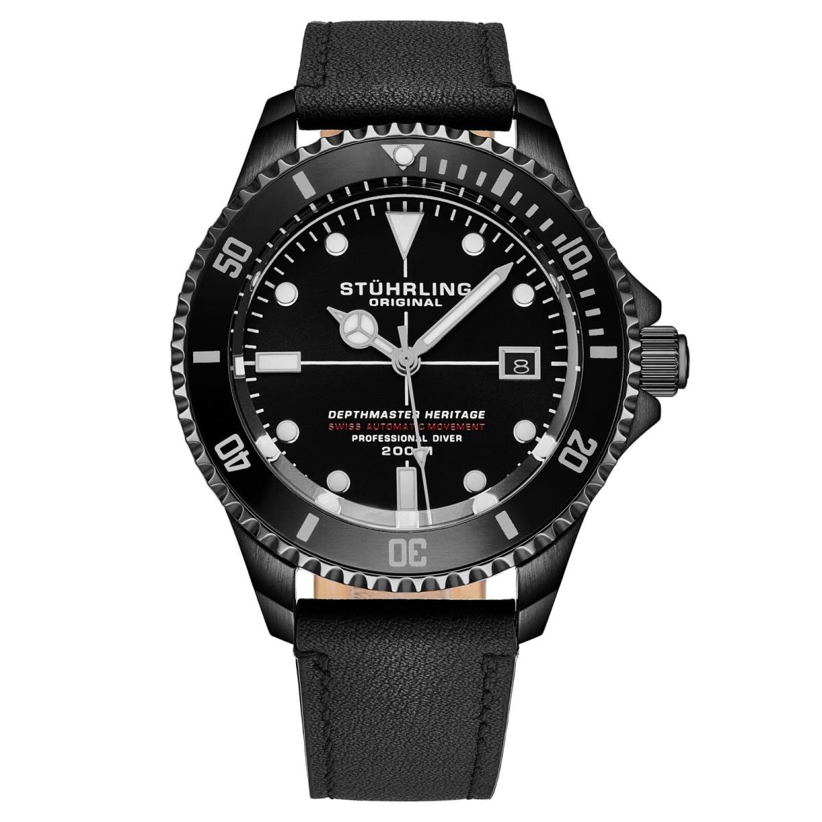 Stuhrling 883HB 01 Depthmaster Automatic Diver Date Leather Mens Watch by Stührling