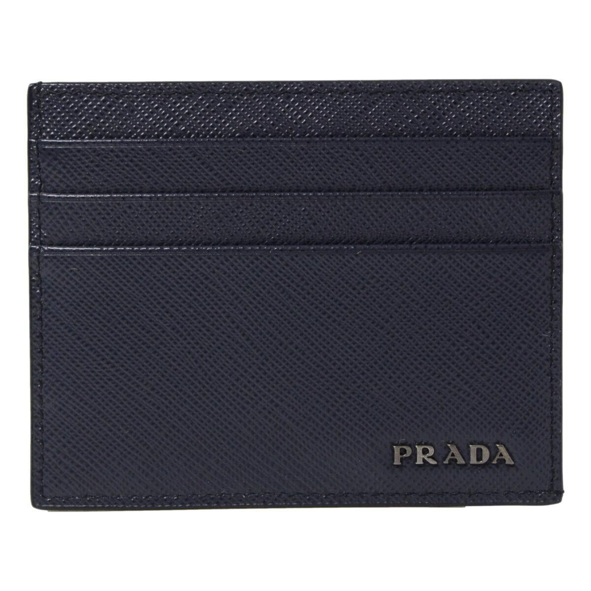 Prada Saffiano Mens Baltico Blue Credit Card Wallet Silver Logo 2MC223