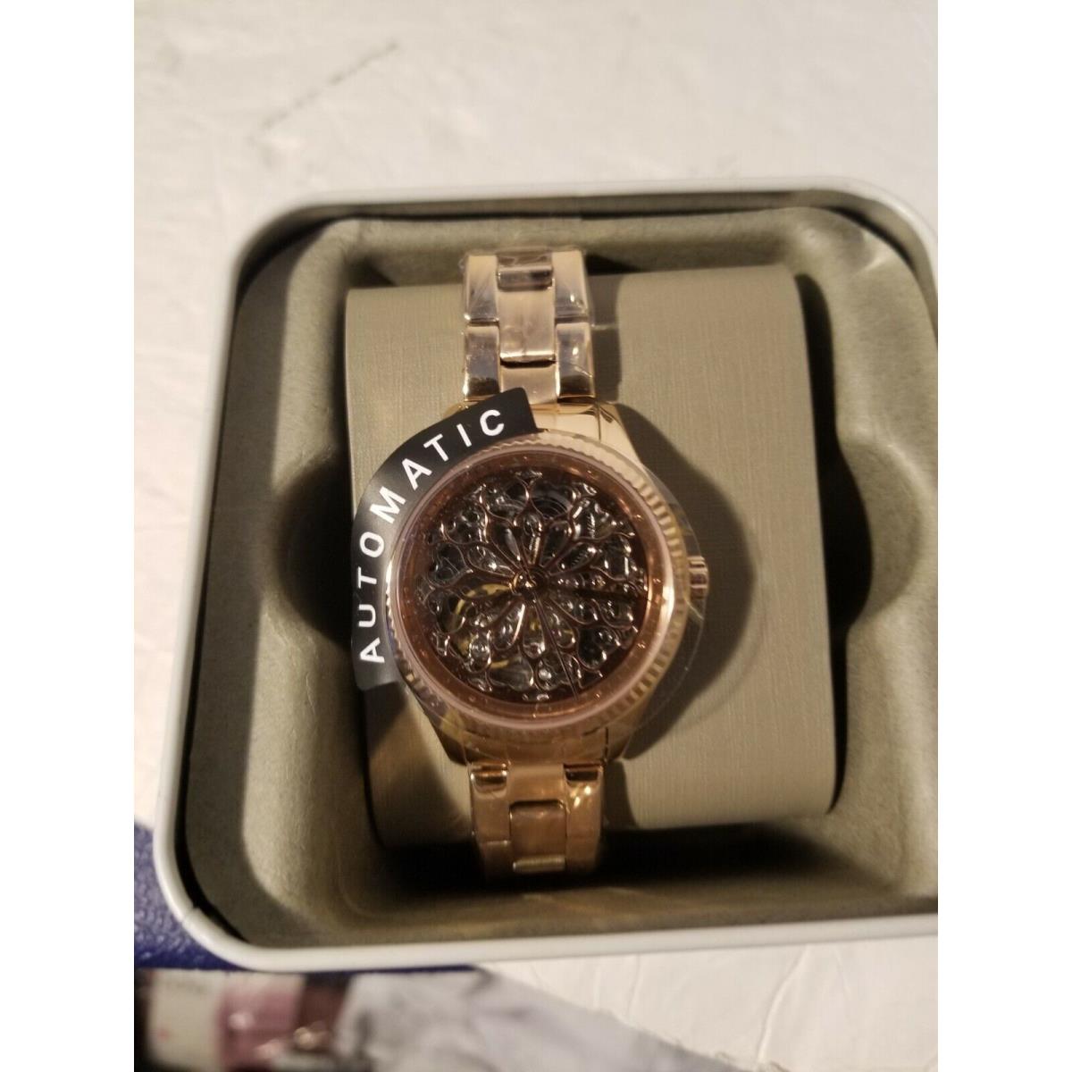 Fossil Rye BQ3754 Automatic Rose Gold Dial Silver Steel Women`s Watch