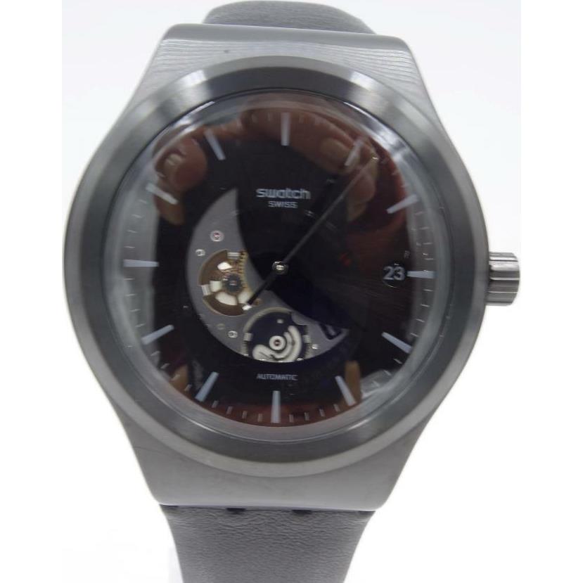 Swiss Swatch Sistem Pilote Black Leather Automatic Date Watch YIB404 - Face: Black, Dial: Sun-brushed black, Band: Black, Brown