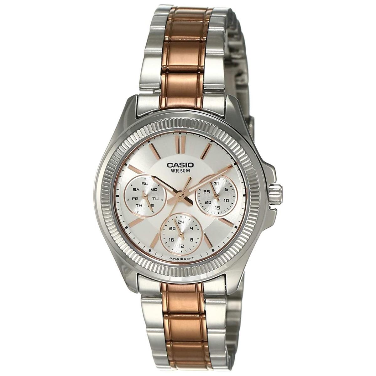 Casio Analog Women`s Stainless Steel Two Tone LTP-2088RG-7AVD Silver Dial Watch