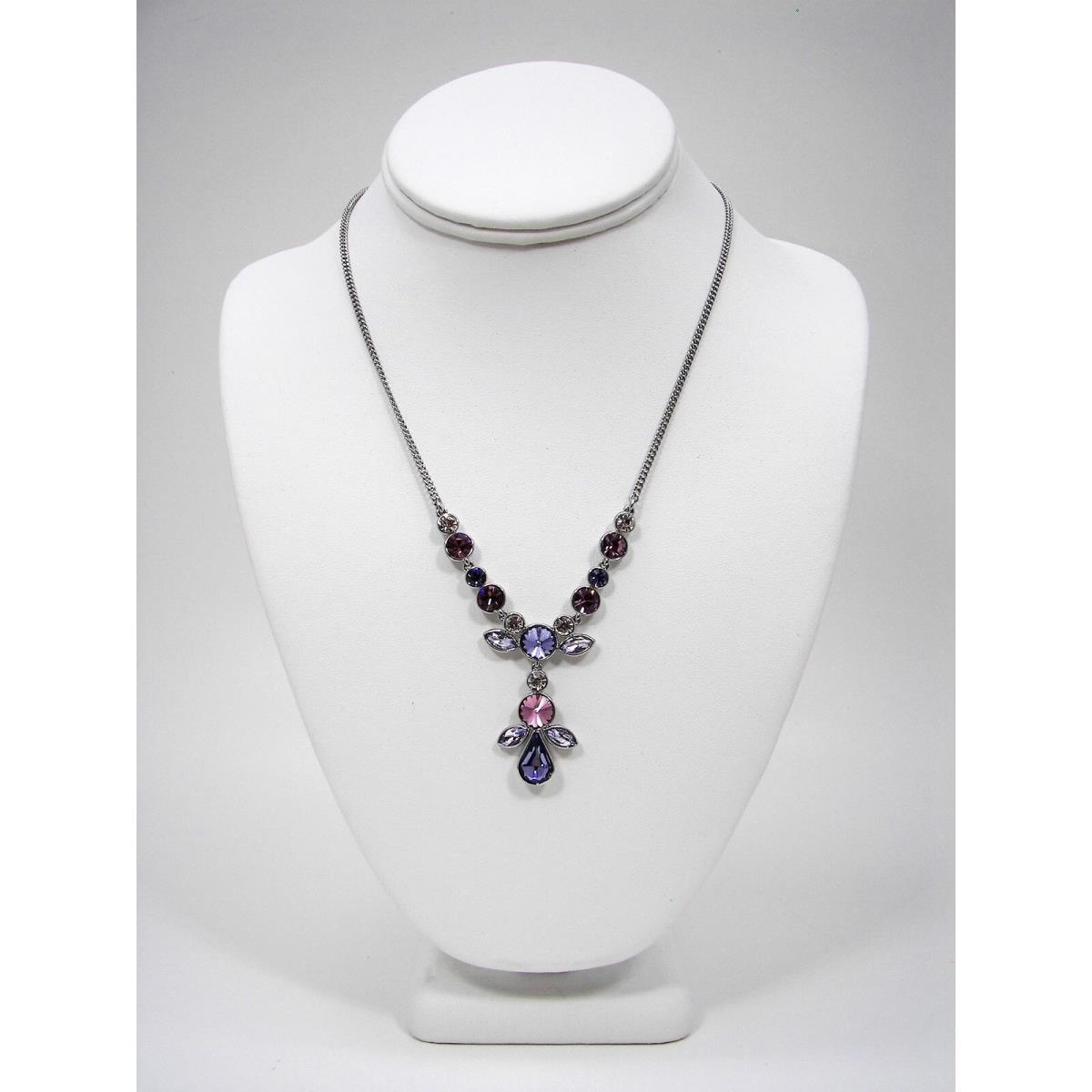 Givenchy Purple Pink Crystal Y Necklace Silver Tone Metal Statement Jewelry