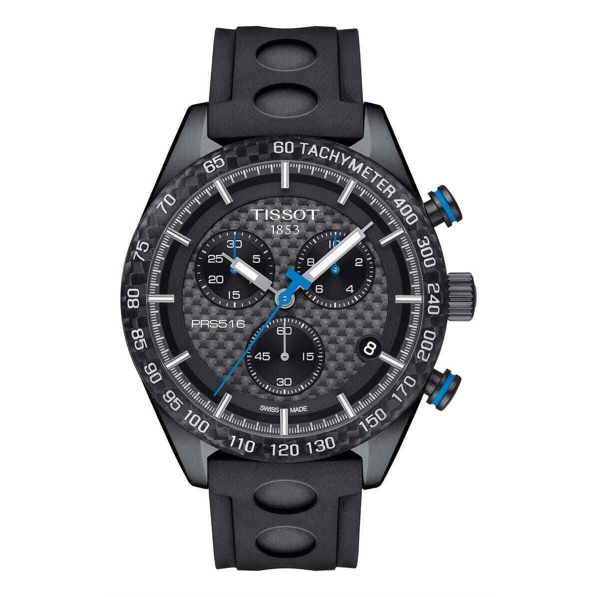 Tissot Prs 516 Chronograph Black Carbon Dial Men`s Watch T100.417.37.201.00 - Black Dial, Black Band, Black Bezel