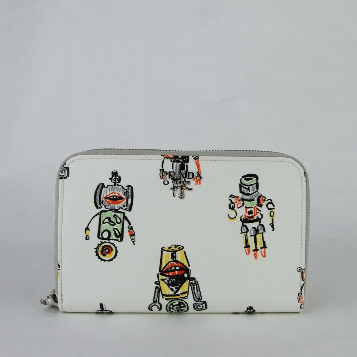 Prada Women White Leather Zip Around Wallet W/robot Print 1ZH030 F0009