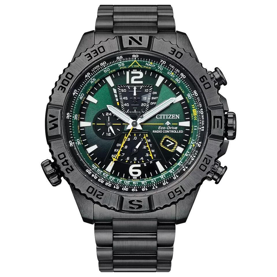 Citizen Eco-drive Men`s Promaster Navihawk A-t Stainless Steel Watch AT8227-56X - Dial: Green, Band: Gray, Bezel: Gray, Black