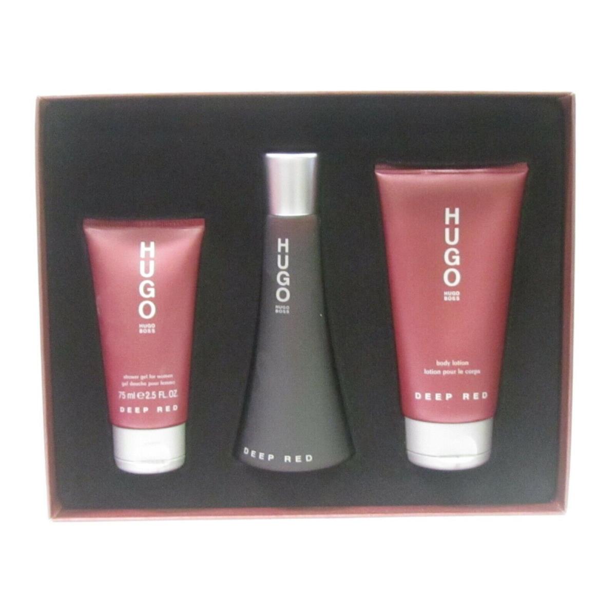 Deep Red By Hugo Boss Women Set 3 oz Edp + 5 oz Body Lotion + 2.5 oz Shower Gel