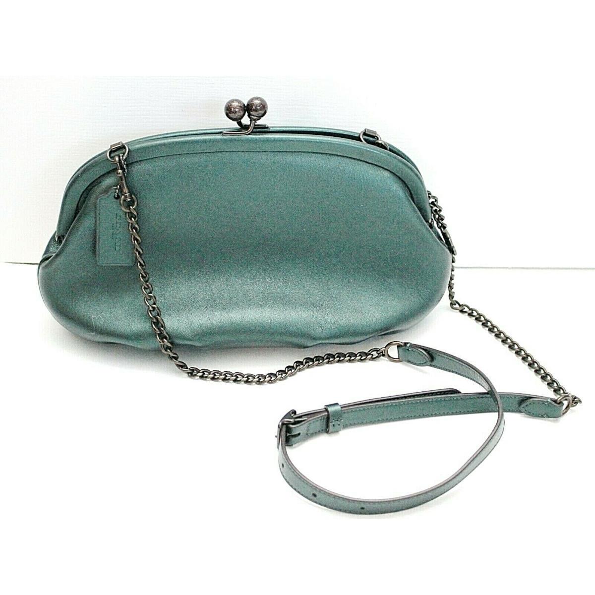 Coach Metallic Green Soft Leather Kisslock Clutch Shoulder Bag C6624 Rare