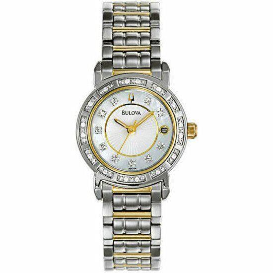 Bulova Women`s Diamond Watch 98R104 Two Tone Mop Dial - White Dial, Gold Band