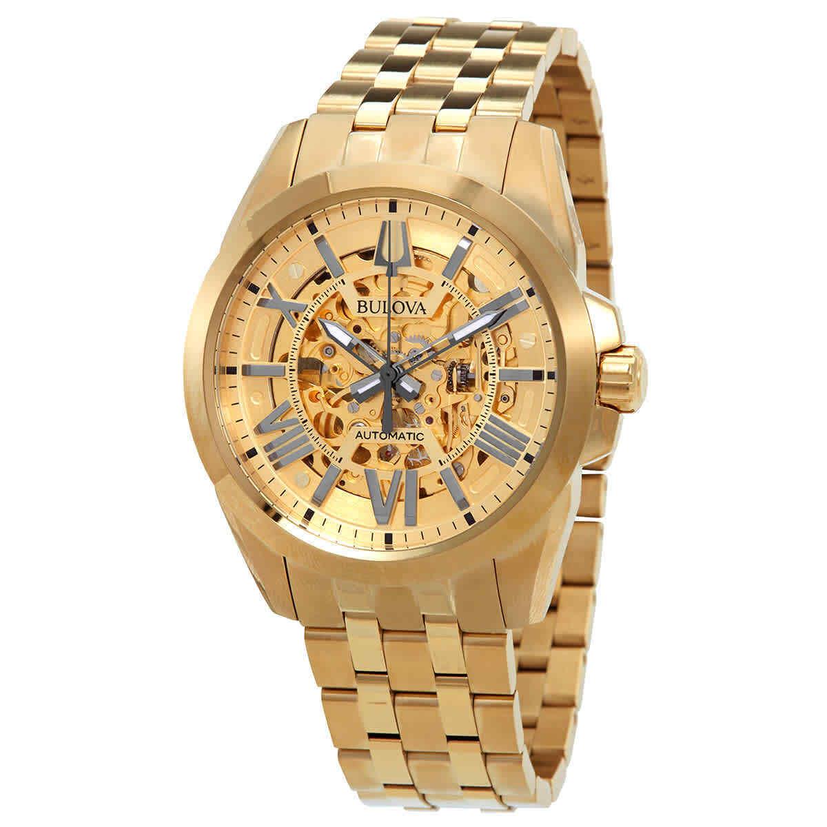 Bulova Shutton Automatic Gold Skeleton Dial Men`s Watch 97A162 - Dial: Gold, Band: Gold, Bezel: Yellow Gold-tone