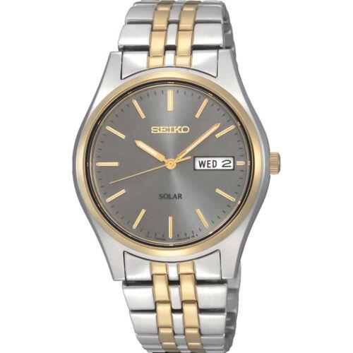 Seiko Essentials SUR432 Two Tone Stainless Steel Day Date Quartz Men`s Watch - Dial: Gray, Band: Gold