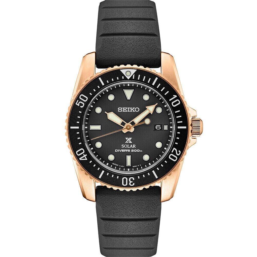 Seiko Prospex Men`s Black Watch - SNE586 Rose Gold 200M US Model - Dial: Black, Band: Black, Bezel: Black