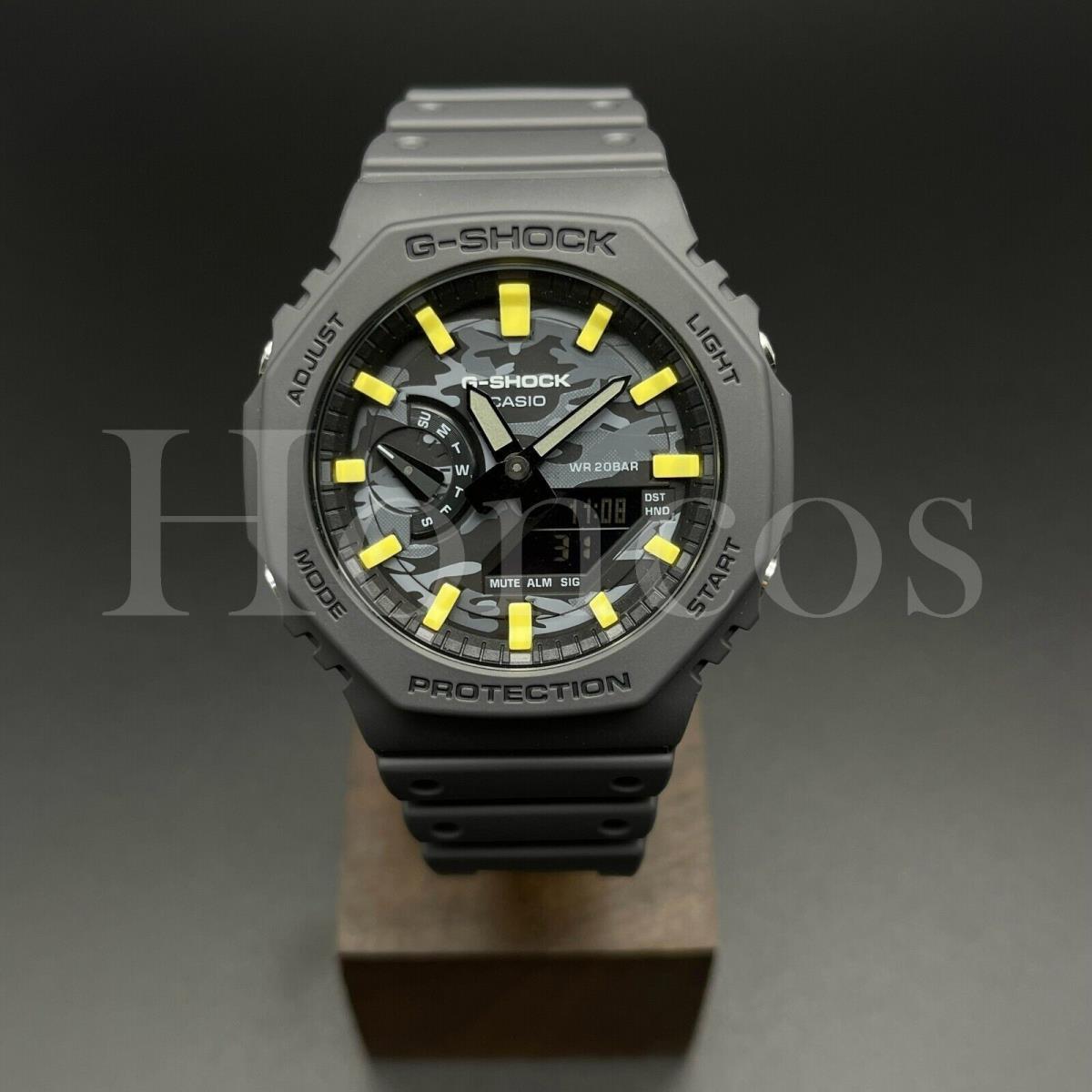 Custom Gcasioak Watch GA2100CA-8A Gray Camo Dial Yellow Luminous Scale Ring