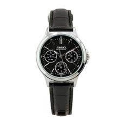 Casio Women`s Enticer Black Leather Belt Round Analog Watch LTP-V300L-1AUDF - Dial: Black, Band: Black