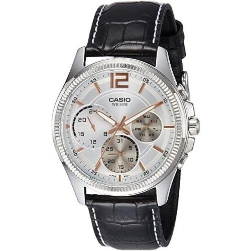 Men`s Casio Black Leather Belt Silver Dial Analog Round Watch MTP-E305L-7AVDF - Dial: Silver, Band: Black