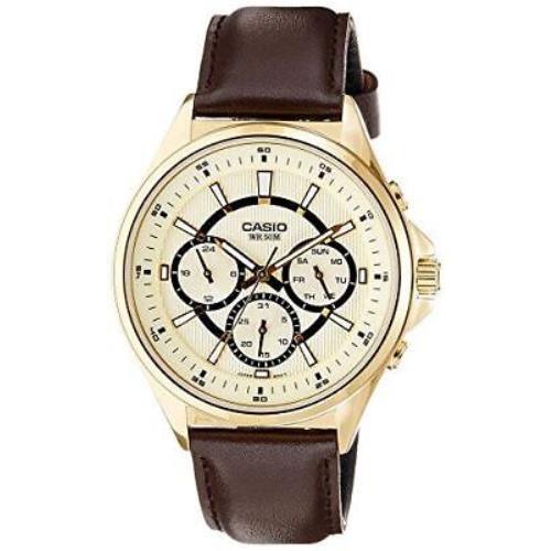 Casio Enticer Analog Multi-color Dial Men`s Brown Leather Watch MTP-E303GL-9AVDF - Dial: Gold, Band: Brown