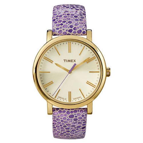 Timex Gold Tone Purple Mosaic Leather Grande Classic Indiglo WATCH-T2P326 - Dial: Beige, Band: Purple