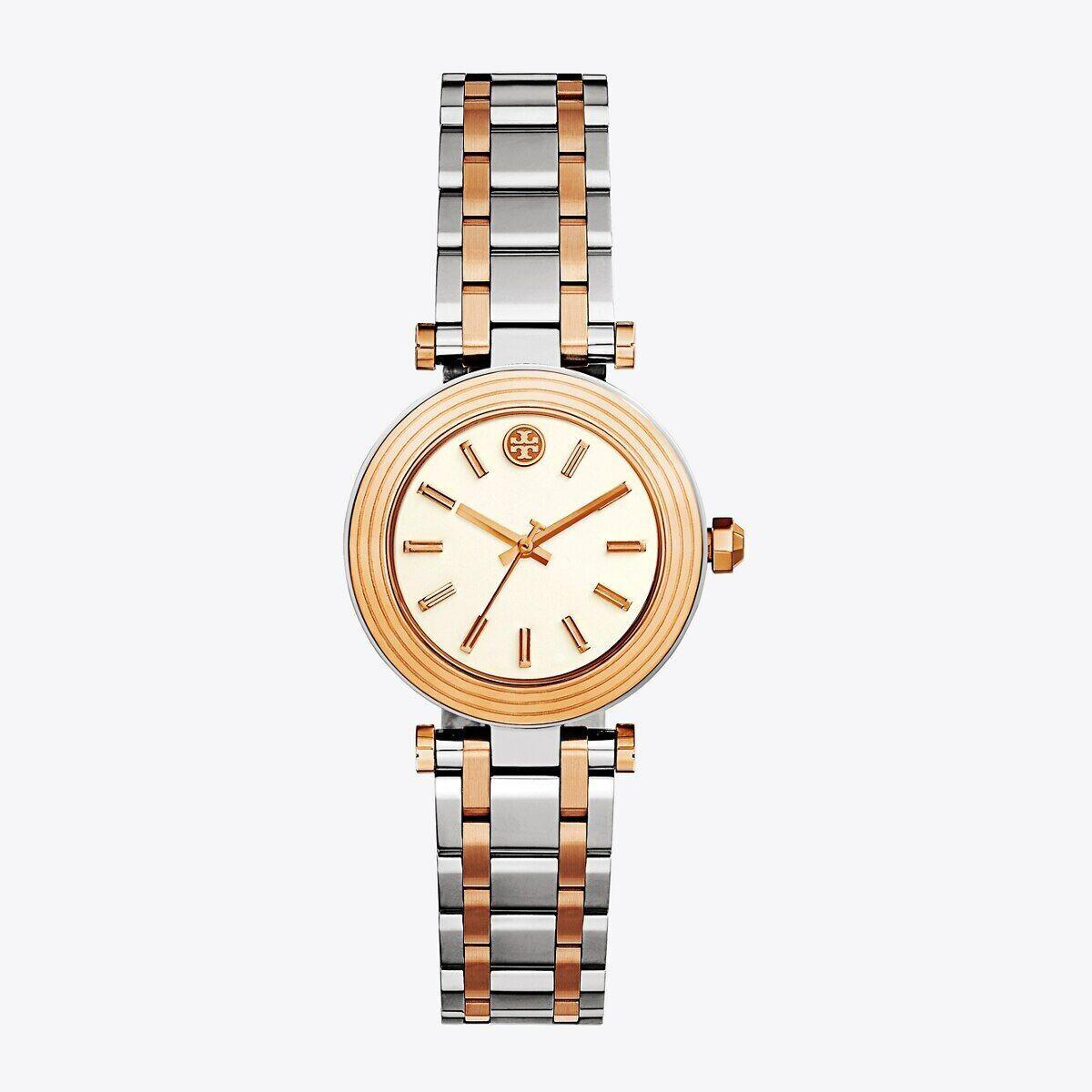Tory Burch Women`s Classic T Rose Gold Silver Stainless White Dial Watch TBW9011 - White Dial, Silver Band, Silver Bezel