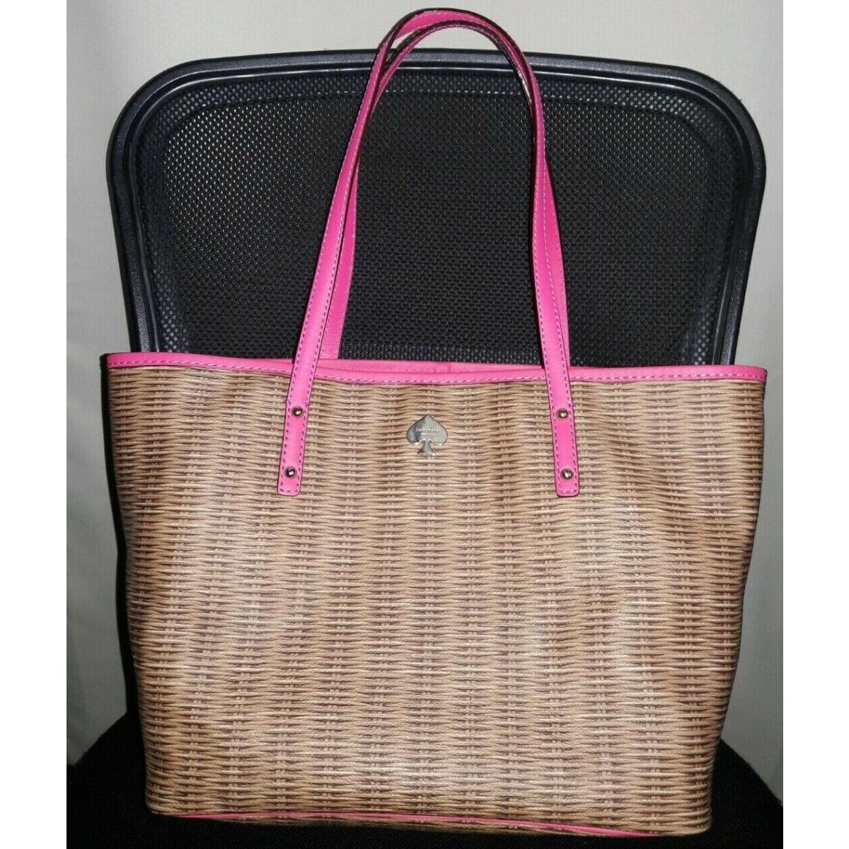 Kate Spade Grainy Vinyl Basket Pattern Beach Tote Bag Purse_brown/pink