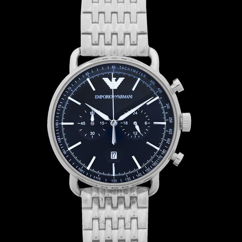 Emporio Armani Aviator Quartz Stainless Steel Chronograph Blue Dial AR11238  | 723763282604 - Emporio Armani watch - Blue Dial, Silver Band | Fash Direct