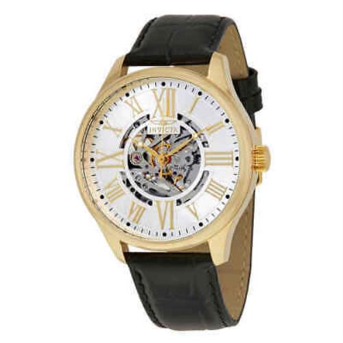 Invicta Vintage Objet D Art Automatic Silver Dial Men`s Watch 22568 - Dial: Silver (Skeleton Center), Band: Black, Bezel: Yellow Gold-plated