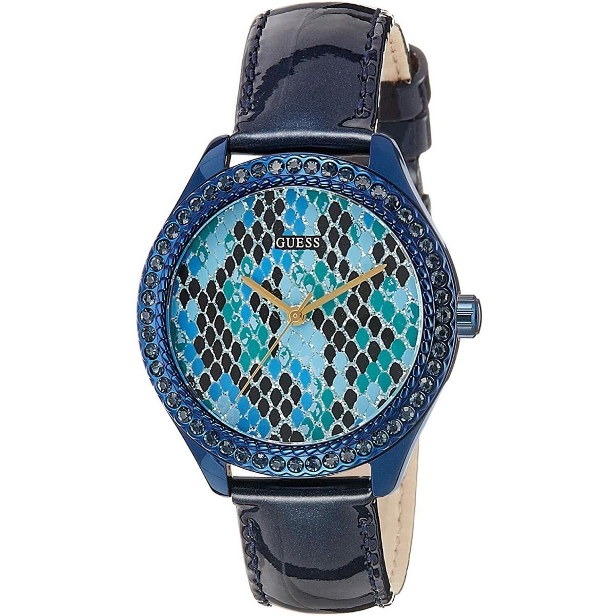 Guess Women`s Watch Reptile Print Dial Navy Blue Shiny Leather Strap W0626L3