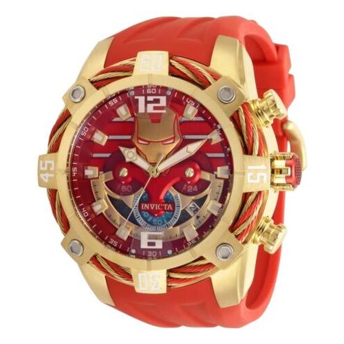 Invicta Bolt Marvel Ironman Men`s 52mm Limited Ed Chronograph Watch 35092 Rare - Gold Dial, Red Band, Gold Bezel