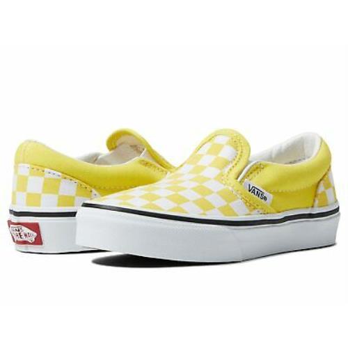 yellow and white vans slip on