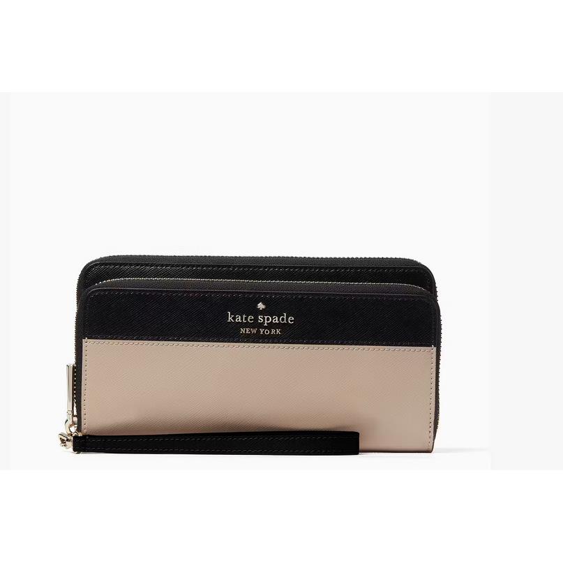 Kate Spade Staci Large Carryall Beige Black Leather Wristlet Wallet K5786