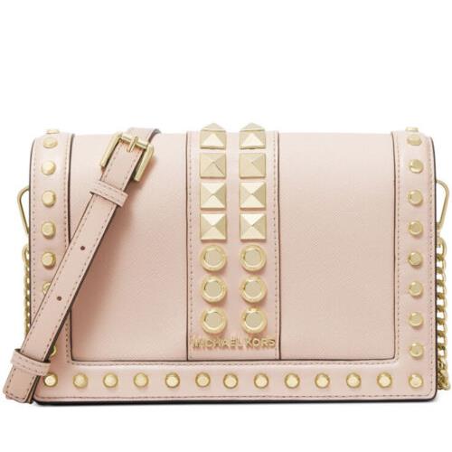 Michael Kors Jet Set Flap Chain Leather Crossbody Bag Soft Pink Gold Stud