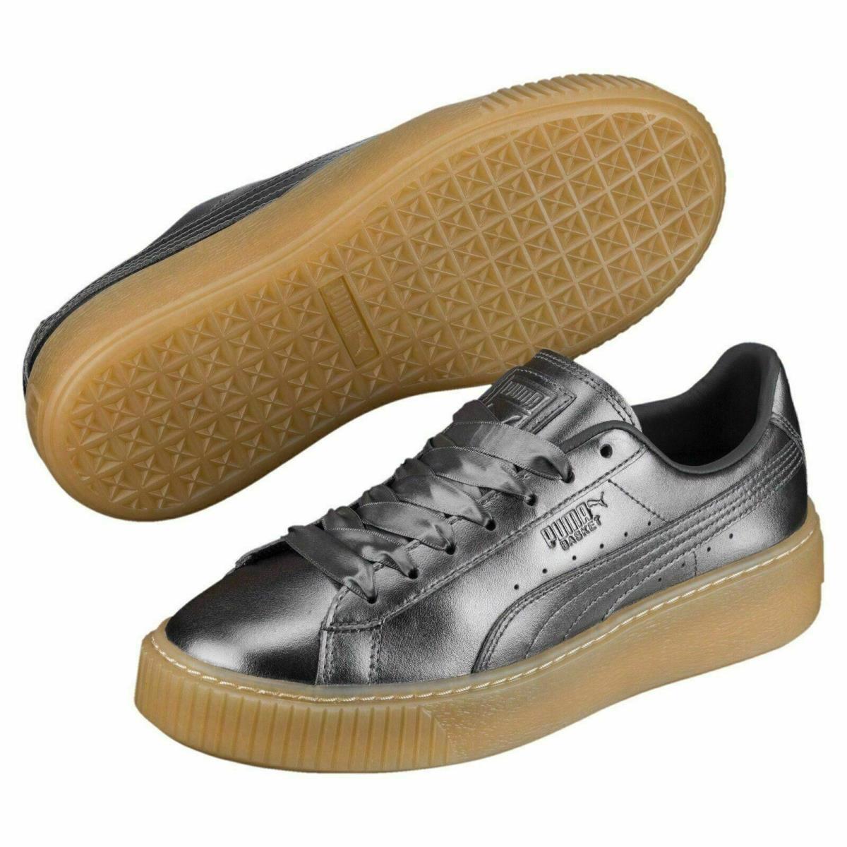 Puma Basket Platform Luxe Leather Shoes Gray Brown 366687-01 Womens Sz 5.5